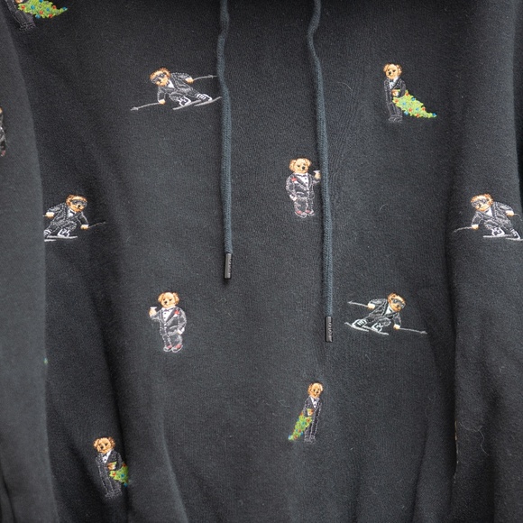 Ralph Lauren Polo Bear Hoodie Embroidered All Over Bears Sz M Black Winter Drink - Picture 2 of 5